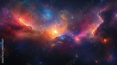 A panoramic view of a colorful galaxy with vibrant star clusters, swirling cosmic dust, and glowing nebula clouds.