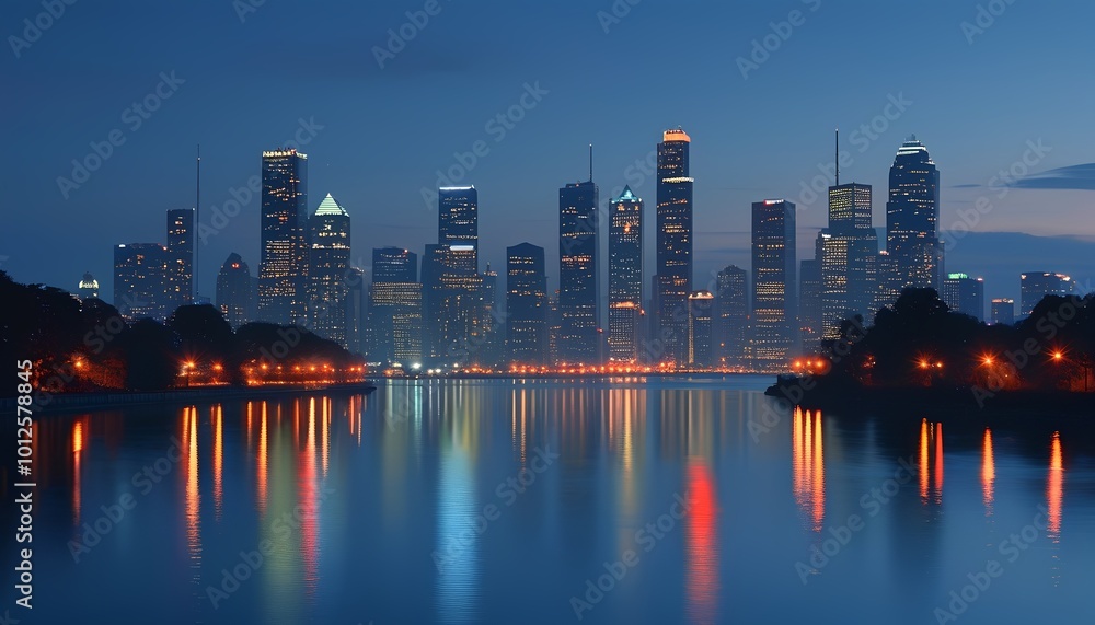Obraz premium Tranquil city skyline at night with glowing lights for a chill vibe