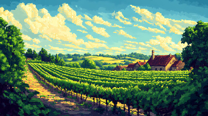 Acrylglasbilder Orange A beautiful pixel art landscape of a vineyard in the countryside. Art Brut. Illustration  © Thiago