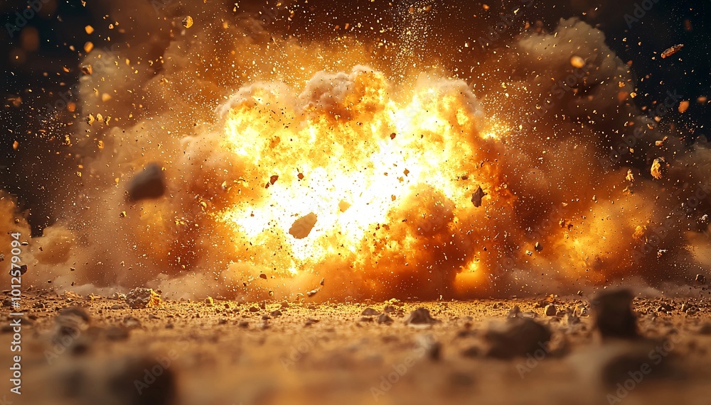 Massive Missile Impact on Barren Ground - Explosive Close-Up with Debris, Dust Cloud, and Chaos Massive Missile Impact on Barren Ground - Explosive Close-Up with Debris, Dust Cloud, and Chaos
