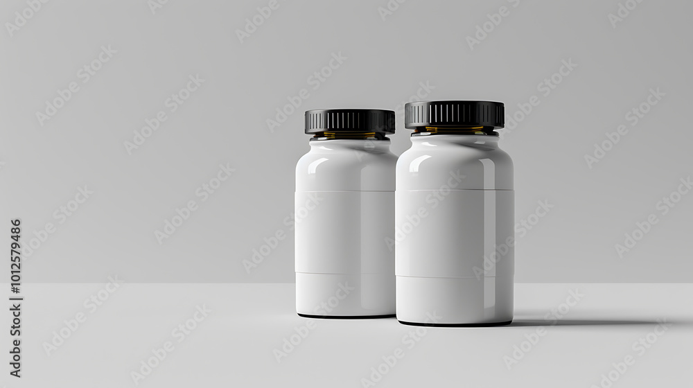 Two white pill bottles with black lids on a white background. Two white pill bottles with black lids on a white background.