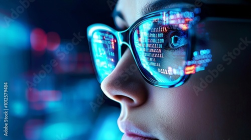 Woman in glasses focused on programming and cyber security research, with HTML code on her screen, holographic data charts, and a futuristic digital environment reflecting tech expertise photo