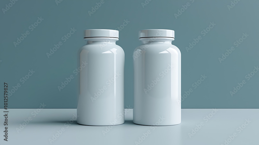 Two white bottles with white lids on a light blue surface. Two white bottles with white lids on a light blue surface.