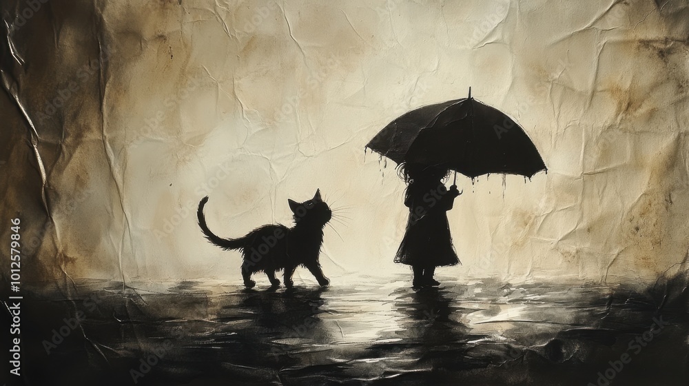 custom made wallpaper toronto digitalA cat walking beside a child holding an umbrella, both playing in the rain with soft watercolor on a crinkled parchment-like surface 