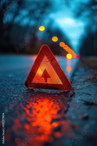 Reflective red triangle positioned on road, twilight scene, signaling breakdown, soft light, clear and prominent photo