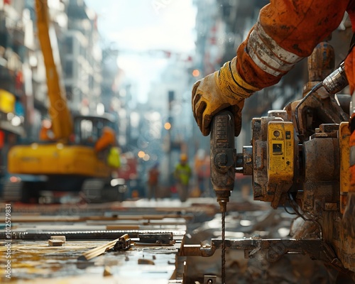 The construction worker's hands operating heavy machinery and power tools on a building site, showcasing the strength and skill in construction work, ultra realistic and cinematic photo