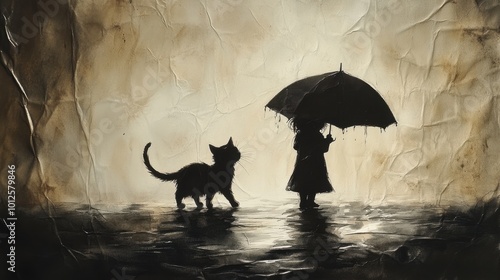 Wallpaper Mural A cat walking beside a child holding an umbrella, both playing in the rain with soft watercolor on a crinkled parchment-like surface  Torontodigital.ca