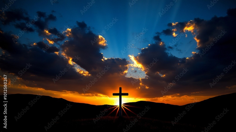 Christian Cross Symbolizing Easter and Resurrection: Dramatic Lighting Against a Colorful Mountain Sunset with Dark Clouds and Sunbeams Christian Cross Symbolizing Easter and Resurrection: Dramatic Lighting Against a Colorful Mountain Sunset with Dark Clouds and Sunbeams