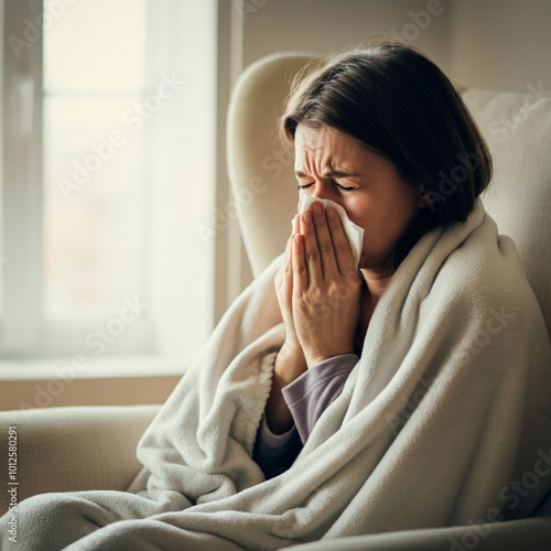 woman, cold, sick, flu, sneeze, nose, allergy, tissue, handkerchief, blowing, sneezing, ill, illness, influenza, person, people, virus, cough, fever, winter, health