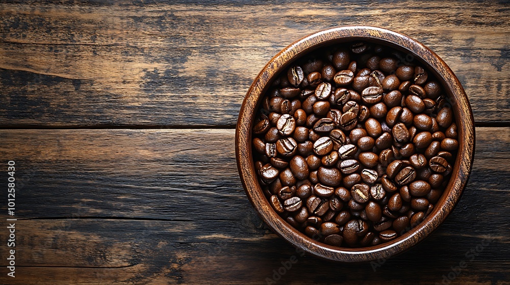 Fototapeta premium Roasted coffee beans in a wooden bowl on a rustic wooden table.
