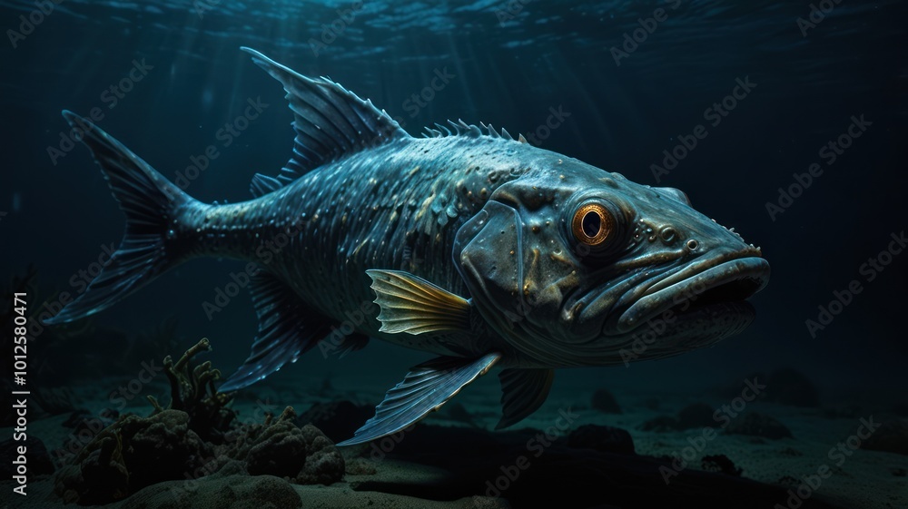 Fototapeta premium A large, blue and grey fish swims through the dark ocean water with sunbeams shining down.