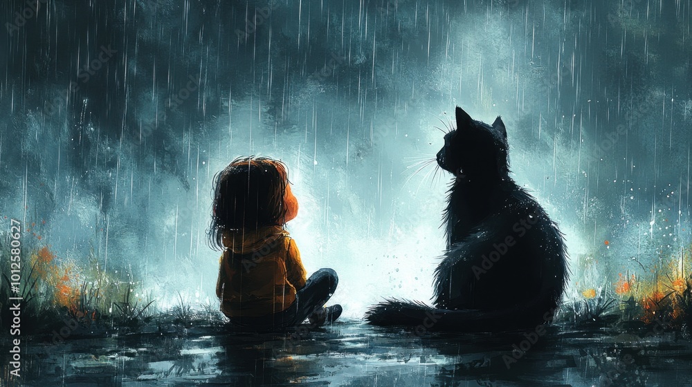 Obraz premium A child and a cat sitting together in the rain, the child reaching out to catch raindrops while the cat looks on curiously, with a minimal watercolor design 