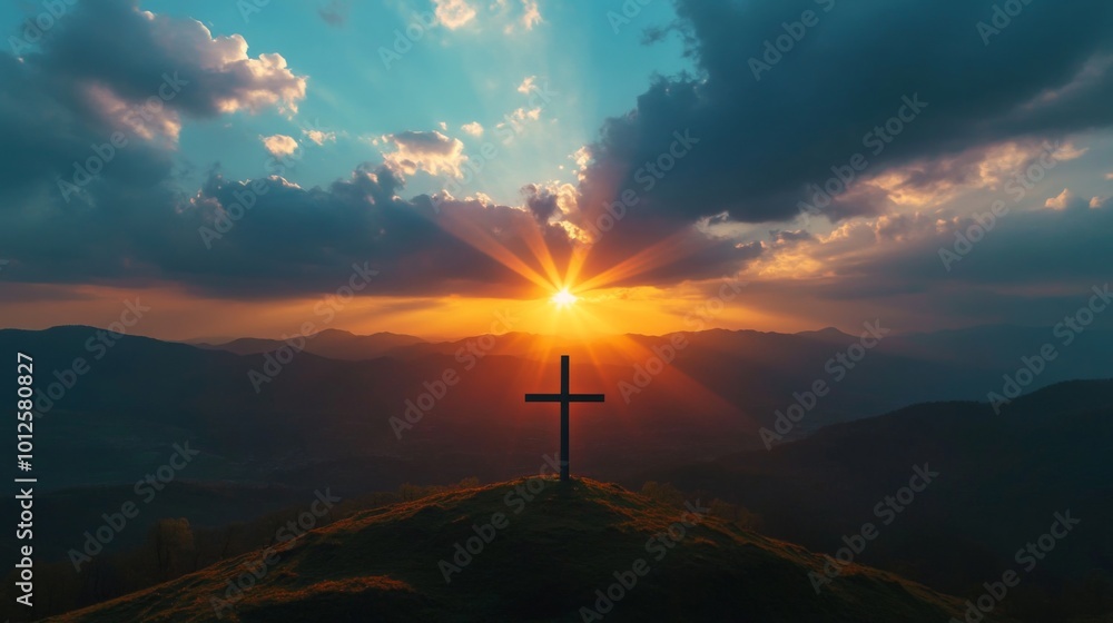 Christian Cross Symbolizing Easter and Resurrection: Dramatic Lighting Against a Colorful Mountain Sunset with Dark Clouds and Sunbeams Christian Cross Symbolizing Easter and Resurrection: Dramatic Lighting Against a Colorful Mountain Sunset with Dark Clouds and Sunbeams