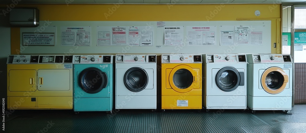Six washing machines in a row, with varying colours and designs, in a public laundry room with signs on the walls. Six washing machines in a row, with varying colours and designs, in a public laundry room with signs on the walls.