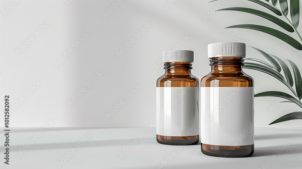 Two amber glass bottles with blank white labels stand on a white surface. A green leaf peeks in the background. Two amber glass bottles with blank white labels stand on a white surface. A green leaf peeks in the background.