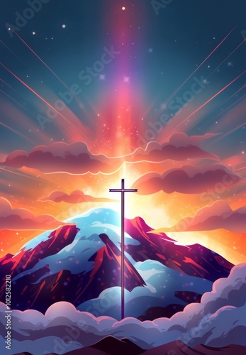 Christian Cross Symbolizing Easter and Resurrection: Dramatic Lighting Against a Colorful Mountain Sunset with Dark Clouds and Sunbeams photo