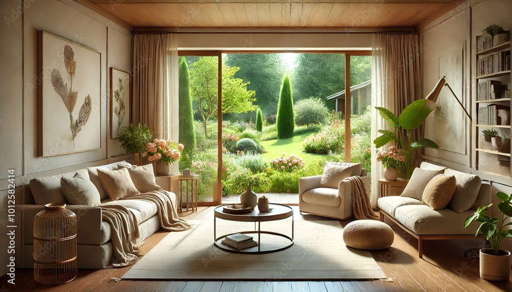 A cozy living room with large windows overlooking a beautiful garden, Generative AI A cozy living room with large windows overlooking a beautiful garden, Generative AI