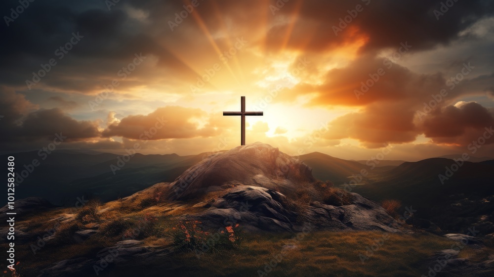 Christian Cross Symbolizing Easter and Resurrection: Dramatic Lighting Against a Colorful Mountain Sunset with Dark Clouds and Sunbeams Christian Cross Symbolizing Easter and Resurrection: Dramatic Lighting Against a Colorful Mountain Sunset with Dark Clouds and Sunbeams