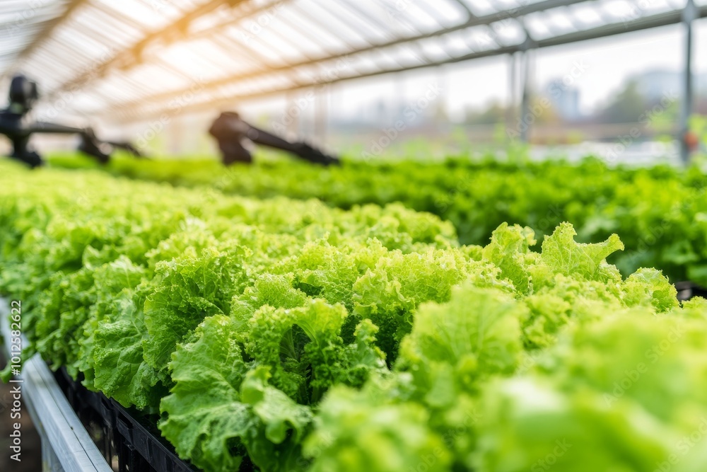 Futuristic Vertical Farming Greenhouse with Robotic Arms and Aeroponic Crop System with Copy Space Futuristic Vertical Farming Greenhouse with Robotic Arms and Aeroponic Crop System with Copy Space