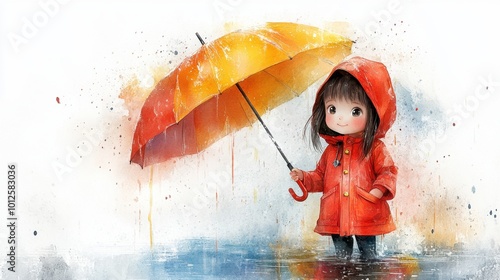 Wallpaper Mural A child in a red raincoat holding an umbrella, standing under soft rain with a white background and a playful expression in a watercolor style  Torontodigital.ca