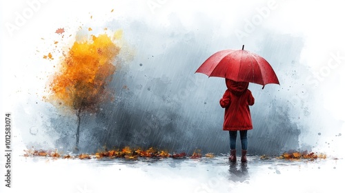 Wallpaper Mural A child in a red raincoat holding an umbrella, standing under soft rain with a white background and a playful expression in a watercolor style  Torontodigital.ca