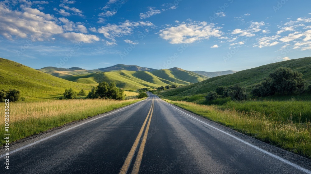 A scenic asphalt road leading into green hills and mountains, with a clear sky and scattered, puffy clouds on a sunny afternoon. A scenic asphalt road leading into green hills and mountains, with a clear sky and scattered, puffy clouds on a sunny afternoon.