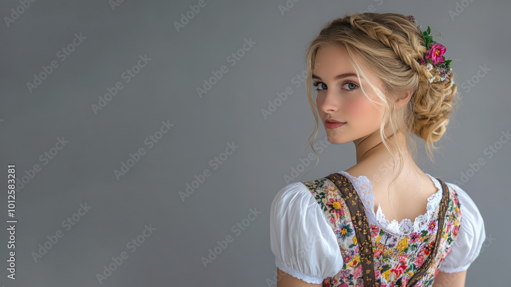 Caucasian blond woman wearing traditional bavarian german austrian dirndl dress Caucasian blond woman wearing traditional bavarian german austrian dirndl dress