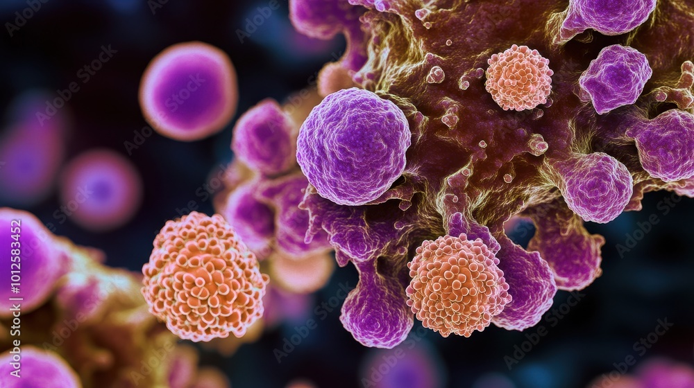 Micrograph of a virus attacking a healthy immune system cell. Stem cells, immunology, and longevity research. Micrograph of a virus attacking a healthy immune system cell. Stem cells, immunology, and longevity research.