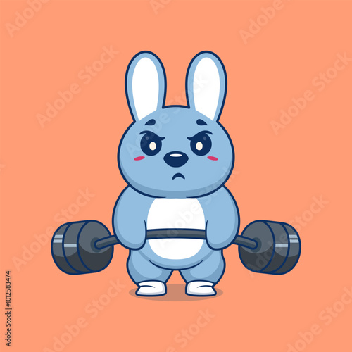 Rabbit animal lift barbell icon illustration cartoon