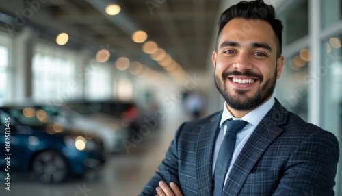 Confident Businessman Smiling in Car Showroom 