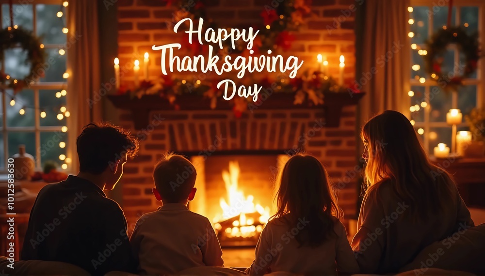 Obraz premium A cozy indoor scene with a family gathered around a crackling fireplace, Happy Thanksgiving Day