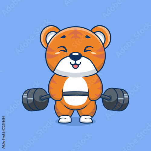 Tiger animal lift barbell icon illustration cartoon