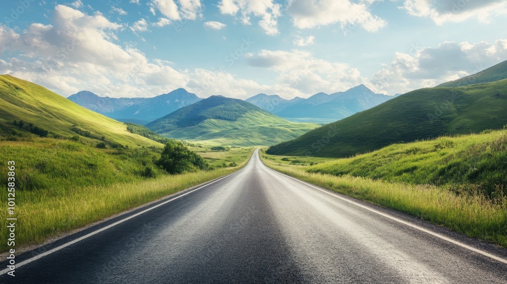 A scenic asphalt road leading towards green mountains, under a bright sky with soft, scattered clouds on a sunny day. A scenic asphalt road leading towards green mountains, under a bright sky with soft, scattered clouds on a sunny day.