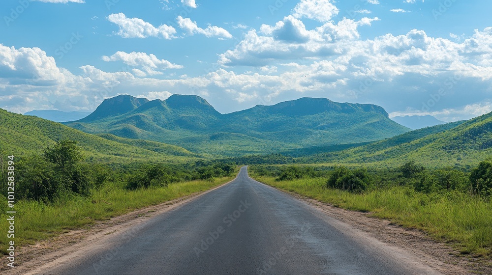 A scenic asphalt road leading towards green mountains, under a bright sky with soft, scattered clouds on a sunny day. A scenic asphalt road leading towards green mountains, under a bright sky with soft, scattered clouds on a sunny day.