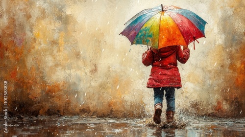 A child jumping in a puddle, holding a colorful umbrella as rain softly falls, captured in light watercolor on a textured parchment backdrop 