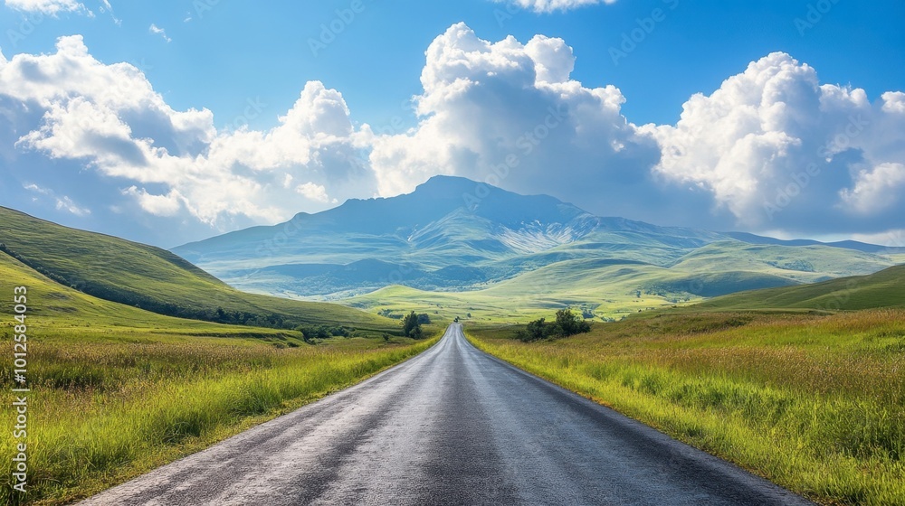 A scenic asphalt road through green hills and mountains, with a clear sky and puffy white clouds on a sunny day. A scenic asphalt road through green hills and mountains, with a clear sky and puffy white clouds on a sunny day.