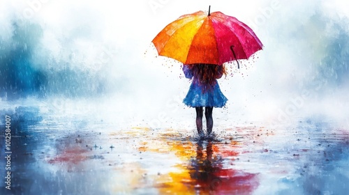 A child jumping in a puddle, holding a colorful umbrella as rain softly falls, captured in light watercolor with a white backdrop 