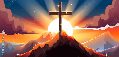 Christian Cross Symbolizing Easter and Resurrection: Dramatic Lighting Against a Colorful Mountain Sunset with Dark Clouds and Sunbeams photo