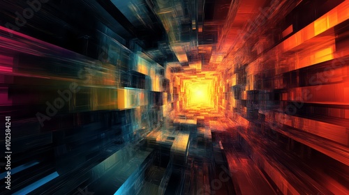 Technology background with depth of field. Three dimentional perspective of blocks zooming into bright orange turnel photo