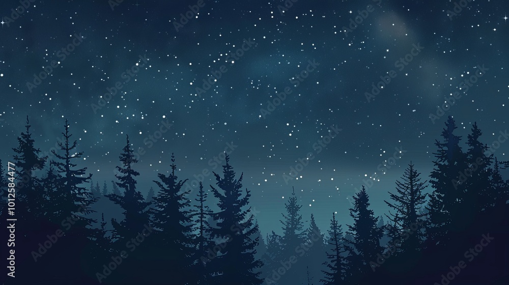 Fototapeta premium Forest with pine trees at night with a starry sky