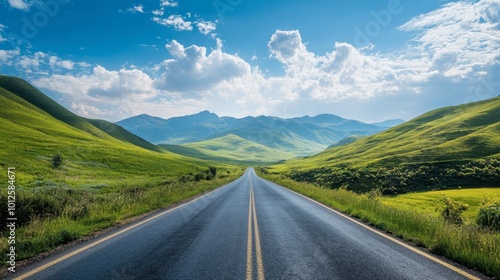 A scenic asphalt road through green hills and mountains, with a bright sky and scattered, puffy clouds on a sunny day.
