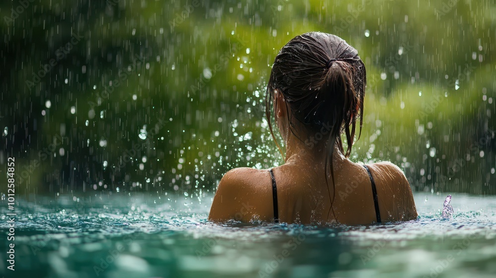 Woman enjoying rain while swimming Woman enjoying rain while swimming