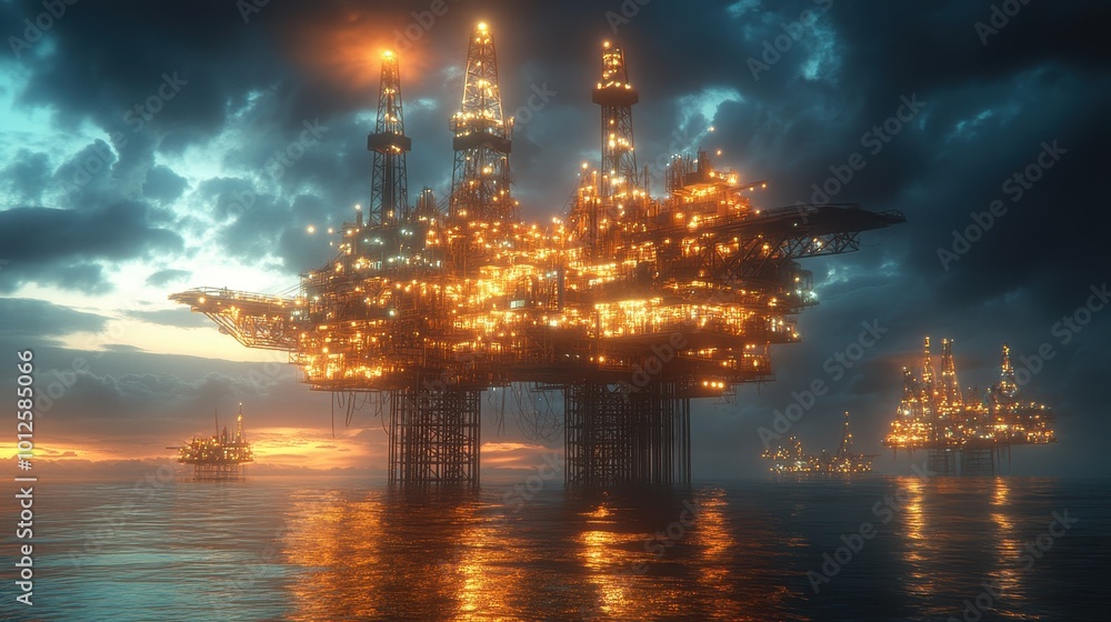 An offshore oil rig stands majestically above the ocean waters at dusk, with its complex structure illuminated by lights against the twilight sky. An offshore oil rig stands majestically above the ocean waters at dusk, with its complex structure illuminated by lights against the twilight sky.