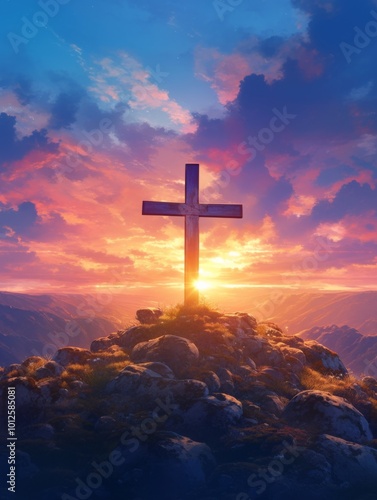 Christian Cross Symbolizing Easter and Resurrection: Dramatic Lighting Against a Colorful Mountain Sunset with Dark Clouds and Sunbeams photo