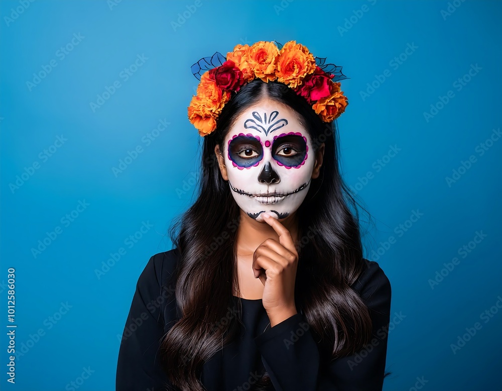 Halloween Day of the dead girl with sugar skull face art on blue background he thinks that is terrible Halloween Day of the dead girl with sugar skull face art on blue background he thinks that is terrible