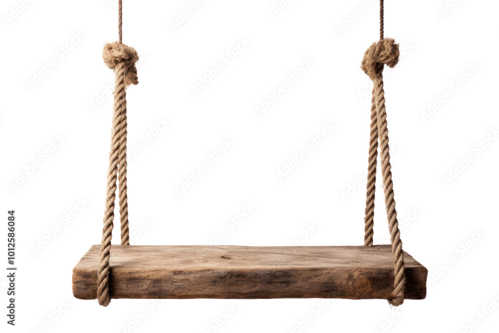 A handcrafted wooden swing with rough rope, suspended and isolated against a pure white background A handcrafted wooden swing with rough rope, suspended and isolated against a pure white background