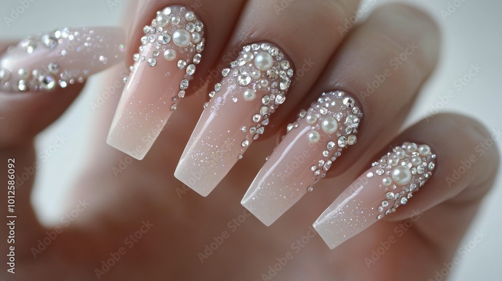 A set of nails adorned with tiny pearls and rhinestones, creating a luxurious and glamorous look for special occasions. A set of nails adorned with tiny pearls and rhinestones, creating a luxurious and glamorous look for special occasions.