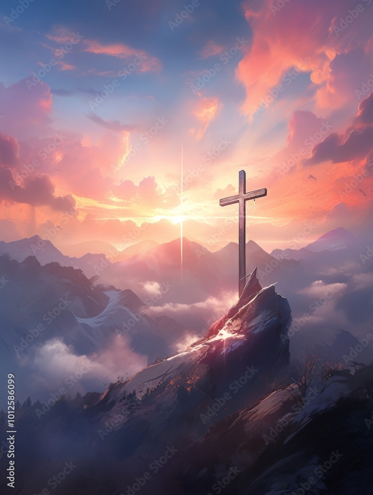 Christian Cross Symbolizing Easter and Resurrection: Dramatic Lighting Against a Colorful Mountain Sunset with Dark Clouds and Sunbeams Christian Cross Symbolizing Easter and Resurrection: Dramatic Lighting Against a Colorful Mountain Sunset with Dark Clouds and Sunbeams