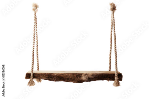 A handcrafted wooden swing with rough rope, suspended and isolated against a pure white background