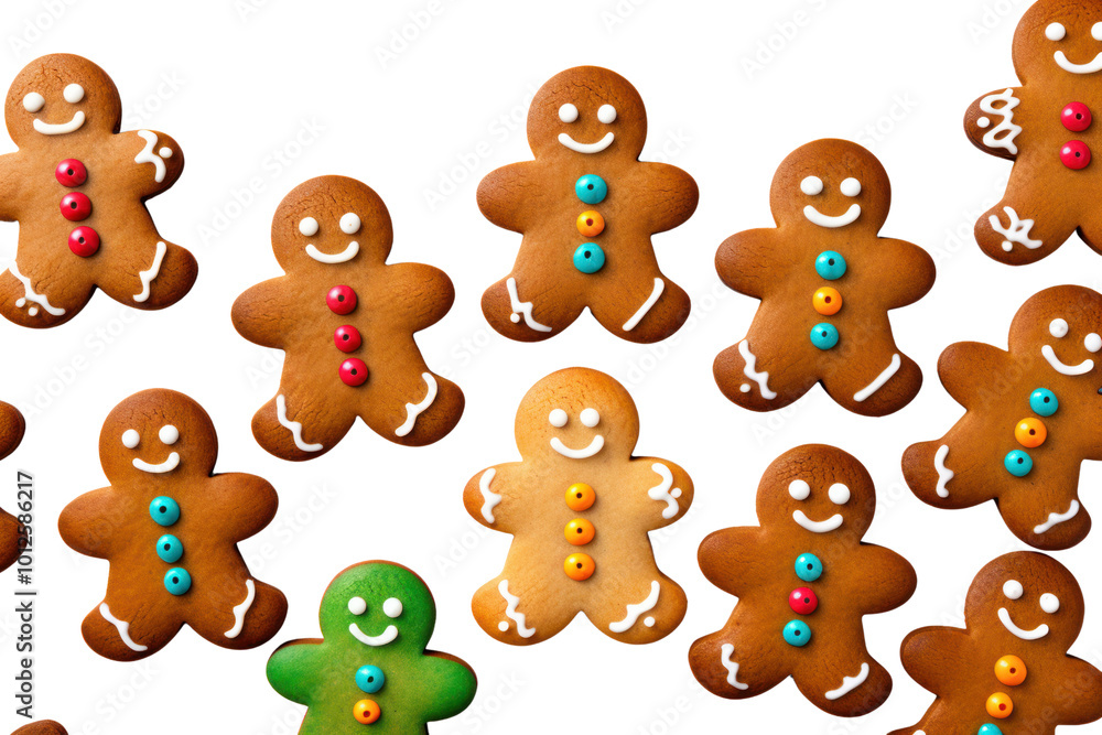 A group of traditional gingerbread men cookies with colorful icing details, smiling faces, and buttons, neatly arranged on a white background A group of traditional gingerbread men cookies with colorful icing details, smiling faces, and buttons, neatly arranged on a white background